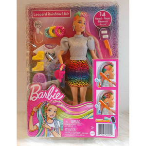 Mattel Barbie Leopard Rainbow Hair Doll 14 Piece Accessories